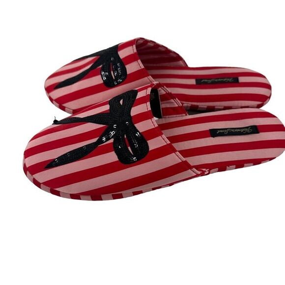 Victorias Secret Slippers Satin Bow Sequin Red Pink Size M 7-8 House Shoes Glam - Picture 2 of 9
